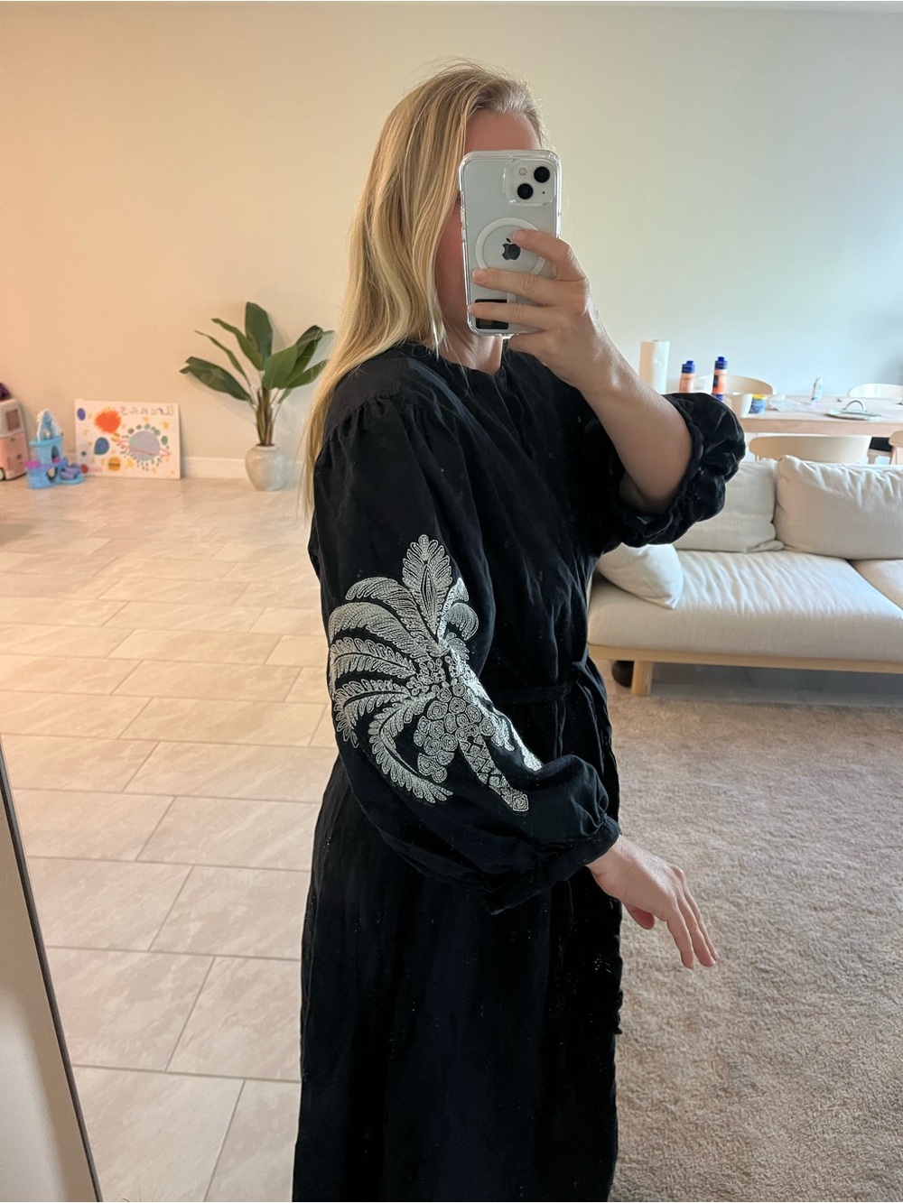 H&M A line Black Linen Button-Front Tie-Waist Dress with Embroidery - Picture 2 of 6